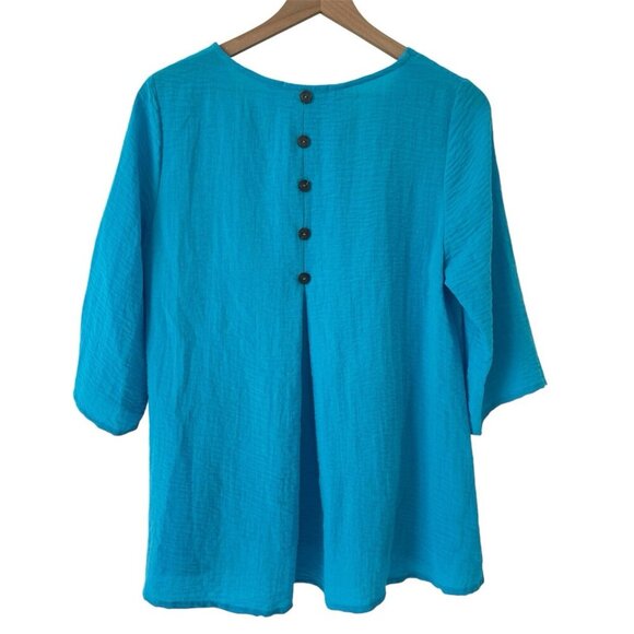 Yushi Blue Lagenlook Tunic Top V Neck 3/4 Sleeve Boho Art Gauzy Button Blouse - Picture 6 of 15